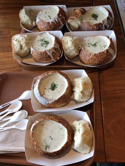 mmfood:Boudin Clam Chowder in a sourdough bread bowl