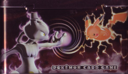 pokescans:  Shiny Mewtwo versus shiny Pikachu, TCG tin. The other side, Lucario versus Mew, was unfortunately impossible to scan, so I’ll take a picture sometime. 