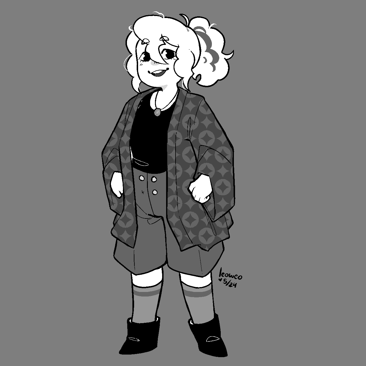 A monochrome illustration of a young, feminine-looking person with stark white skin and hair. She's wearing a black top and grey shorts, with a kimono jacket over it. The jacket bears a shippou pattern.