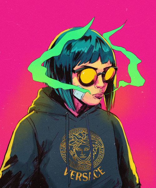 a-cyberpunk-dystopia: Tons of colorful woman with sick sunglasses by Diberkato