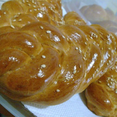 This is a large, lovely egg bread, braided and sprinkled with sesame seeds. It &rsquo;s impressi