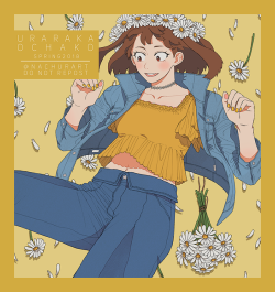 nachurart:Ochako &amp; Tsuyu wearing my outfits for spring~!! Please don’t come soon, summer!! [Do not repost / edit / redistribute / etc]