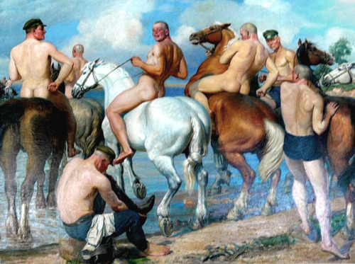 nudemeninart:   ‘’ Bathing the Horses ‘’  (1940)   by   Anatoly TreskinAnatoly Treskin (1905-1986) was a Soviet art restorer and artist.
