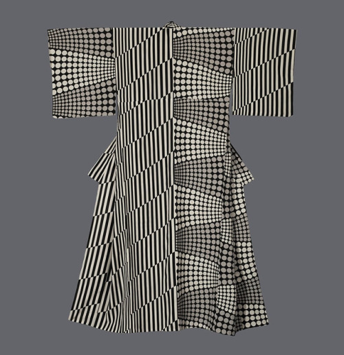 thekimonogallery:Summer kimono.  1970-1990,Japan.  An unusual black and white silksummer kimono feat