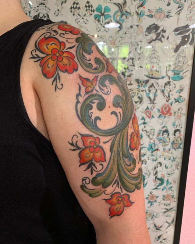 Traditional Norwegian Rosemaling inspired tattoo        rosemaling  norweigan ladytattooers girlswithtattoos inkedgirls  Instagram