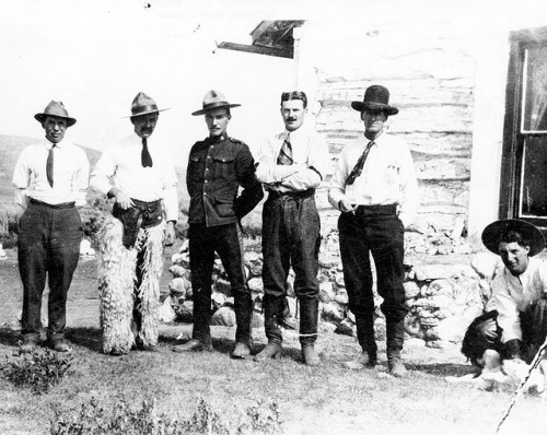 Royal North West Mounted Police and Visitors Outside the Writing-On-Stone Detachment by Galt Museum 