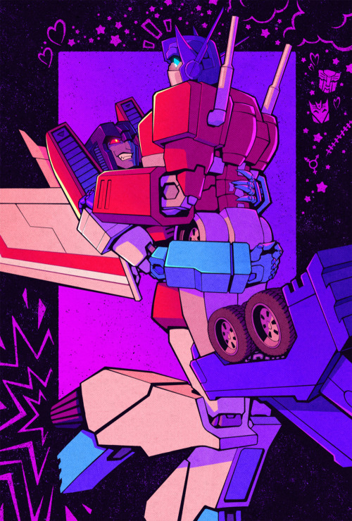 [ID: A digital drawing of Starscream hugging Optimus Prime and slightly lifting him off his feet, lo