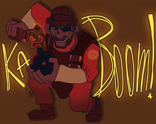 a digital drawing of demoman from team fortress. he is crouching with a wicked smile on his face, holding a lighter to a large cartoon bomb. the background text says "Ka-boom"
