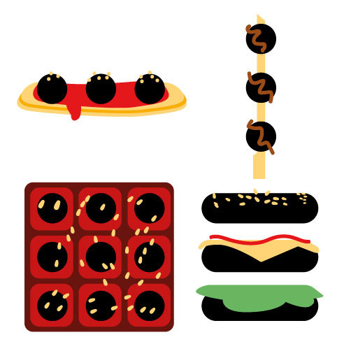 meatball menu, kebab menu, bento menu and hamburger menu, all illustrated to look more like their namesakes