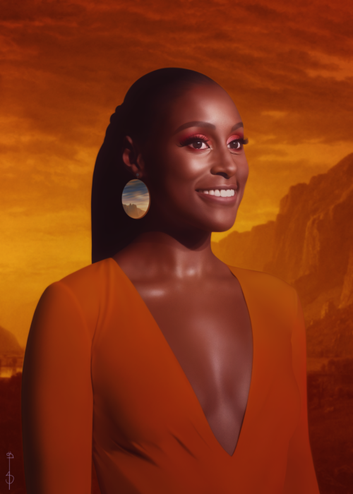 elicia-donze:Issa[Caption: a realistic digital painting of Issa Rae. Portrait is from the waist up. 