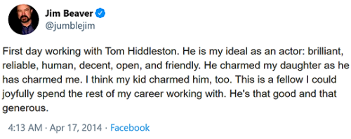 About Tom Tweets (via Facebook): Throwback to that time Jim Beaver succumbed to The Hiddleston 