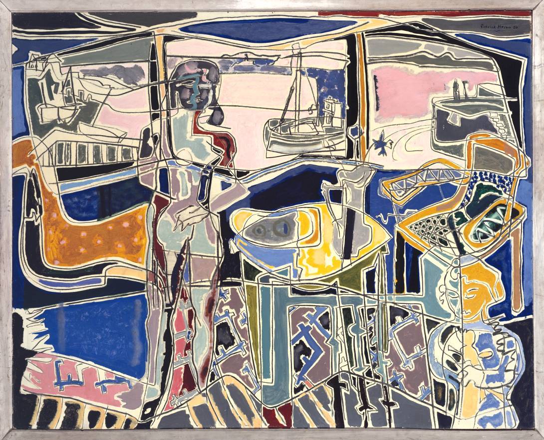 tndra:  Patrick Heron Harbour Window with Two Figures, 1950 Oil and charcoal on hardboard