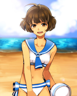 boyslovedresses:  (via Gelbooru- Image View - akizuki ryou beach crossdressing idolmaster idolmaster 2 navel ocean short hair sweat swimsuit trap zakki | 1744654)