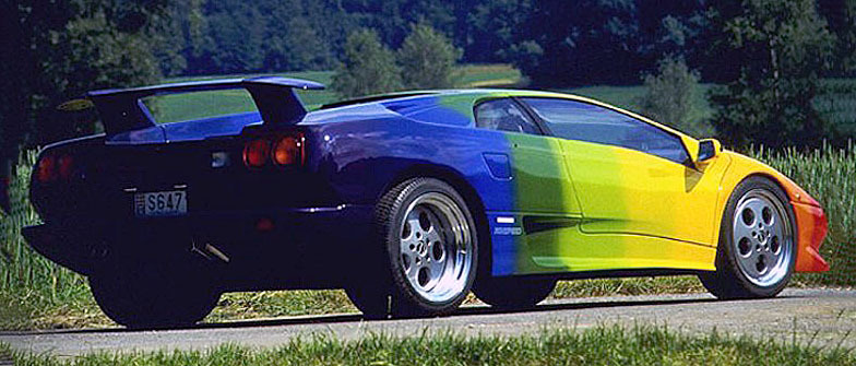 carsthatnevermadeitetc:  Lamborghini Diablo VT, 1999, by Rinspeed. A rainbow-striped