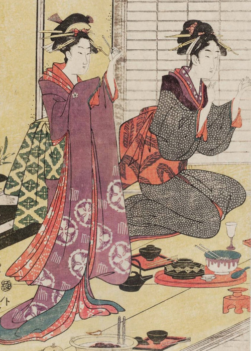 Two women at a party. Ukiyo-e woodblock print, 1780-1800 ,  Japan, by artist Chokosai Eisho.