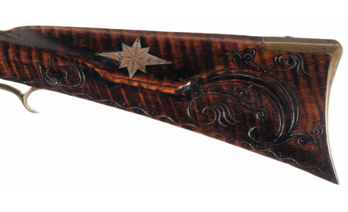 Incredible flintlock Pennsylvania Long Rifle crafted by Peter Gonter of Lancaster, PA, 18th century.
