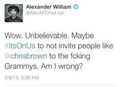 blondehoops:  alltime-fallout-atsix:  Screenshots of the tweets because Chris Brown deleted his.  Slow clap to Alex Gaskarth.