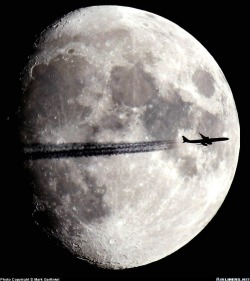 thebestofflying:  Airbus A340-642 enters the East Coast of the United States at Boston as a nearly full moon rises in the background.