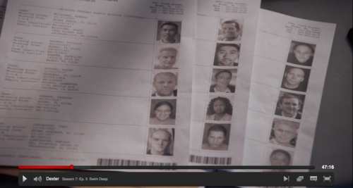 ancestor:  dilfgod:  so I was watching dexter and deb was showing dexter a suspect list and     How the fck do you recognize that 