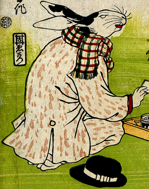 Evil rabbit in western clothes. Japanese colour woodcut ~ 1870s. Edo [Tokyo] Wellcome Library London