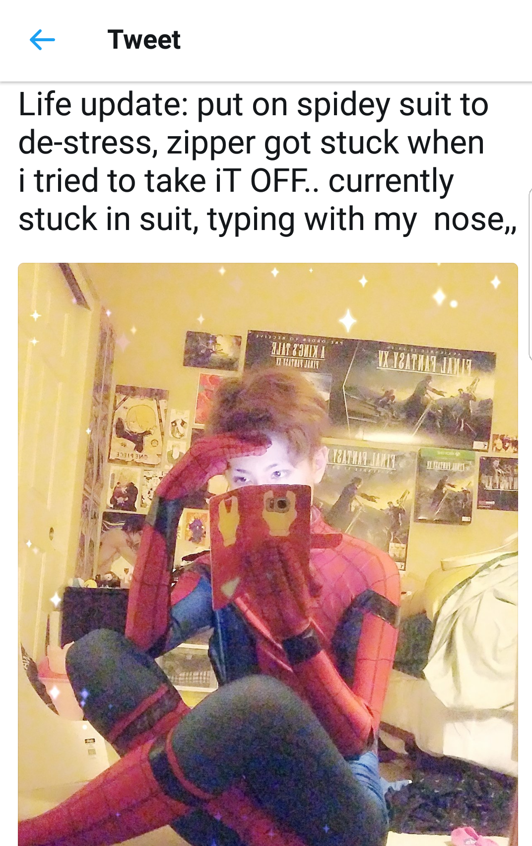 yacchins: documentation of my wild adventure getting stuck in my spidey suit for