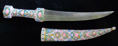 fawnchild:curved dagger and sheath, decorated with flowers and jewels qajar dynasty iran