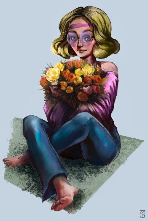My first entry for the character design challenge, this time the theme was “hippie” *^* #cdchallenge#character#design#challenge#hippie#digital art#girl#flowers