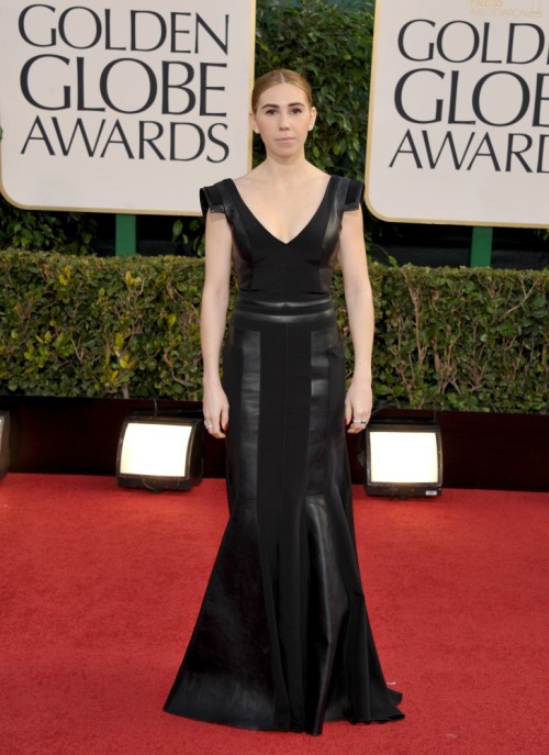 Zosia Mamet is wearing leather.  I personally woulda punched it up with some heavy duty jewelry