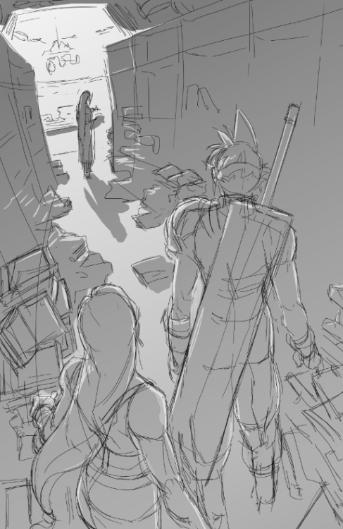 chirart:  Since I’ve been drawing FF7 so much I decided to commit to doing a limited-run fanbook. A large portion of it is gonna be a collection (about two dozen?) of narrative snapshots like these… it’s very fun. Going to be working on it on-and-off