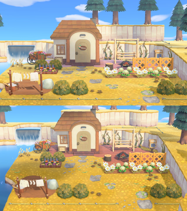 Caroline’s country ranch home. The furniture required for this request really reminded me of my grandma’s house so this is super inspired by my grandparents’ house in. So so many ways lol #acnh #animal crosing new horizons  #acnh interior design #acnh interior#acnh exterior#acnh hhp #acnh happy home paradise #acnh dlc #this is one of my faves ive done bc a] i love this style of interior design and b] all the personal references to my grandparents lol  #the layout is inspired by their house in that the kitchen dining room and living room are all one big space w no walls or doorways  #its in the same shape as this build too w the kitchen in the upper left then dining room then down to living room  #the mugs are bc my grandparents drink SO much coffee. they always have a mug lol  #the rocking chair bc they have one that i used to sit in w my grandma. they also have a swinging bench in their yard  #the firepit inspired by nights in the summer having bonfires w my family in their backyard....  #the sewing stuff bc my grandma sews and scrapbooks. the pie bc i have core memories of thanksgiving at my grandmas house w homemade pies  #on the counter [the counter that irl really goes along the entire back wall like that]  #so so so much here is inspired by my grandparents its crazy