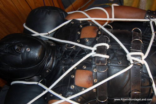 mistressaliceinbondageland: I lash him to the bondage table using thick white rope. His dick gets harder and harder, bulging against the leather catsuit while I restrain the rest him tighter and tigher. I add a sensory deprivation hood and a powerful