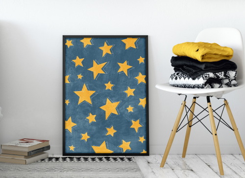  Celestial wall art, Modern boho wall art, Blue and mustard yellow stars art print, Bedroom wall dec