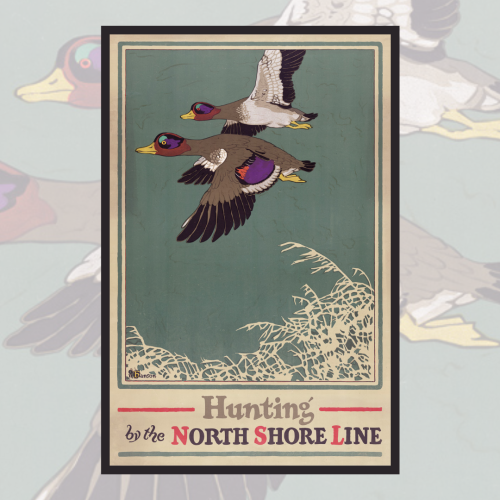 Two mallards fly in this circa 1923 travel poster from the Chicago, North Shore & Milwaukee Rail