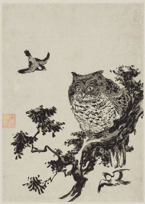 the-evil-clergyman: Owl and Two Sparrows by Utagawa Toyohiro (Edo Period)