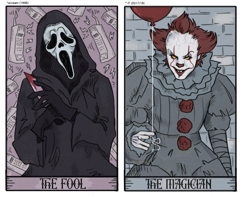 orangebetel:  I designed some mock tarot cards based around my favourite horror characters for halloween! Just for fun; not intended for use :)