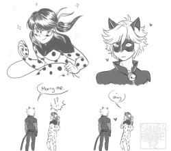 mahaliciously:  sakura-rose12:    ask and ye shall receive… eventually. Okay a few headcanons: As they get older, more accustomed to fighting, their costumes change to suit them. Chat’s takes some things from Felix’s design. Marinette eventually