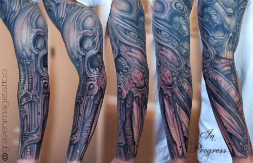 gravenimagetattoo:  Adam’s black and gray biomech sleeve in progress!Artist: Paco DietzStudio: Graven Image Tattoo, Santa Clara CA