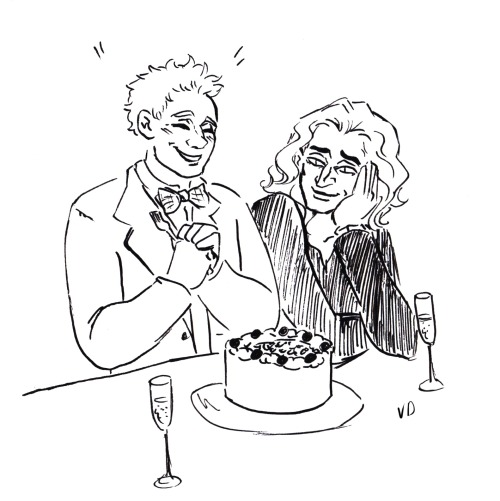 asparklethatisblue:That video was so charming I just had to sketch Azirphale and Crowley and my favo