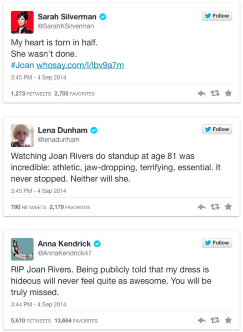 goldacrylicnails:juilan:micdotcom:Female comedians and actresses remember Joan Rivers, the one who l