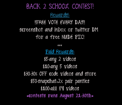 VOTE FOR ME THIS WEEK IN THE BACK TO SCHOOL CONTESTONLY ON MANYVIDS!FREE VOTES GET NUDES! JUST SCREENSHOT YOUR FREE VOTES TO GET REWARDS!PAID VOTES GET MAD REWARDS!CONTEST UNTIL AUG 30TH!VOTE HERE PRESS BLUE VOTE BUTTON ON PROFILE TO GET TO VOTING SECTION
