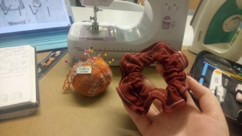 First project! a scrunchie made from a t-shirt that I hardly ever wore.Spent a while practising befo