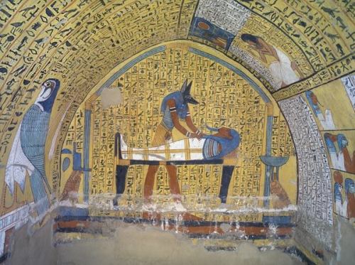 Anubis before embalmed KhaemteriMural painting - Anubis before embalmed Khaemteri. Detail from the T