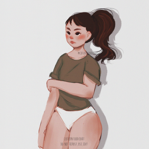 cutiepatoodieart:THICK THIGHS SAVE LIVES[ID: Illustration of a girl with thick thighs,dark brown hai