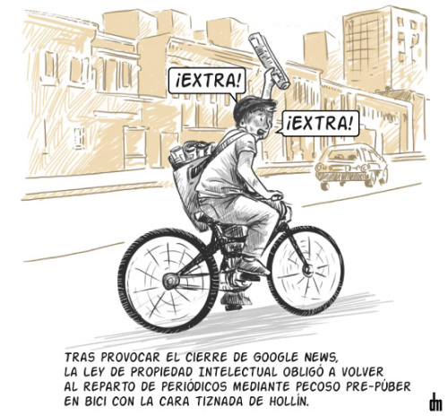 yodiscrepo:  Ironía acerca de la tasa AEDE y el tiro en el pie que se han dado tras el cierre de Google News en España. Viñeta de Danuto y Martingo.