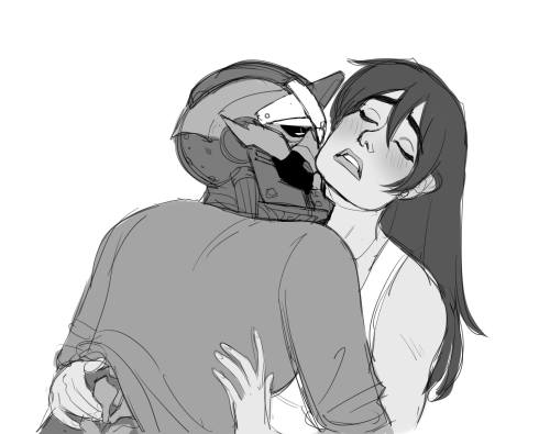 mrdraws:Uhhhh ya[ID: An exo (Cayde 6) leans in to kiss Jessie’s (woman with black hair) neck. 