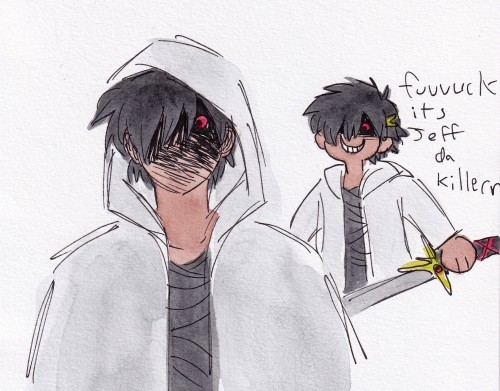 Another watercolour and pen drawing of a VY2 fan design. This one is drawn twice, one as a bust and the other as a small chibi doodle. The design has short black hair and his face is scribbled out in shadow, only showing a small red crescent moon as an eye. He is wearing a light gray hoodie and dark gray bandage-looking shirt. He has a small bit of yellow filigree sticking out the side of his head. The chibi has him with an exaggerated smile and beside him is written "fuuuuuck its Jeff da killerr".