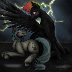 askinquiry:  ((Felt like drawing some cuties stuck in a storm. Not sure why they’re out there, maybe they both enjoy lightning? But, DC wouldn’t want Dew to get soaked, and thus covered him with his wing. Sweetie pop. Dew Dust isn’t mine, check