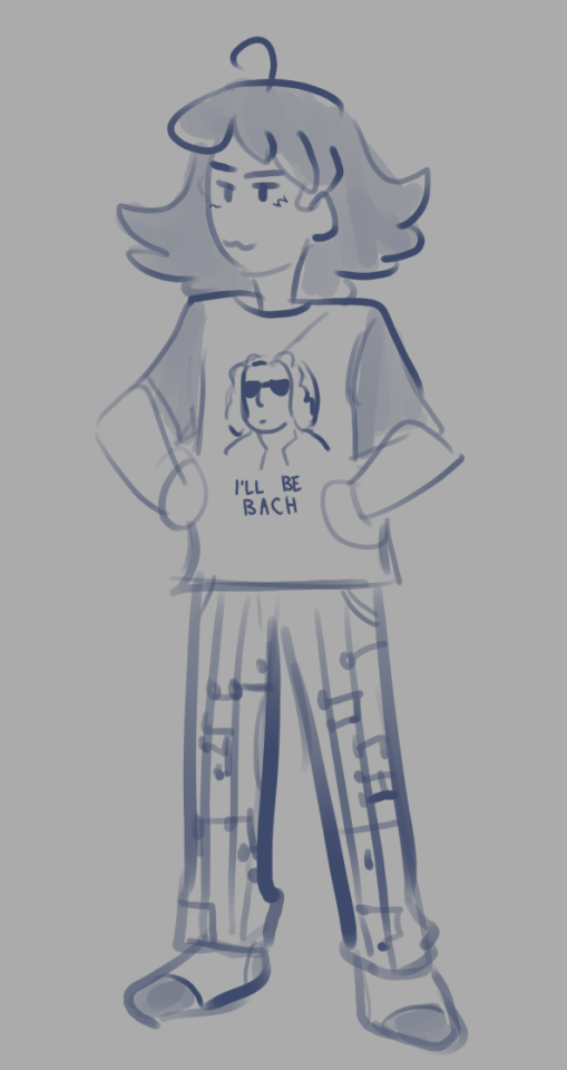 doodle of sebastian standing with hands on their hips in their pajamas. they have socks, pajama pants striped with a musical staff and notation design, and a loose t-shirt. The shirt has a picture of Johann Sebastian Bach with terminator sunglasses on and the text "I'll be Bach"