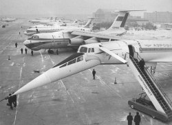 historium:Supersonic Jet Airliner Tupolev TU-144 at the Airport in Moscow, USSR, 1969