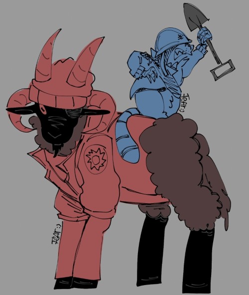 a digital doodle of soldier and demoman from team fortress. they are a raccoon and black four horned sheep respectively. demo is standing facing the viewer and soldier is standing on his back, waving a trench shovel angrily at an off-screen individual. the piece is coloured in shades of blue (soldier) and red (demo)